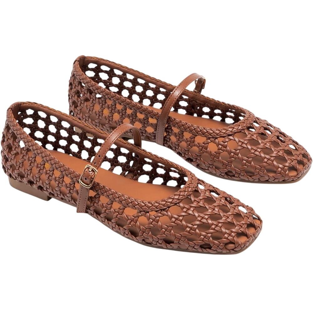 Women's Woven Mesh Mary Jane Ballet Flats in Brown, Size 8.5